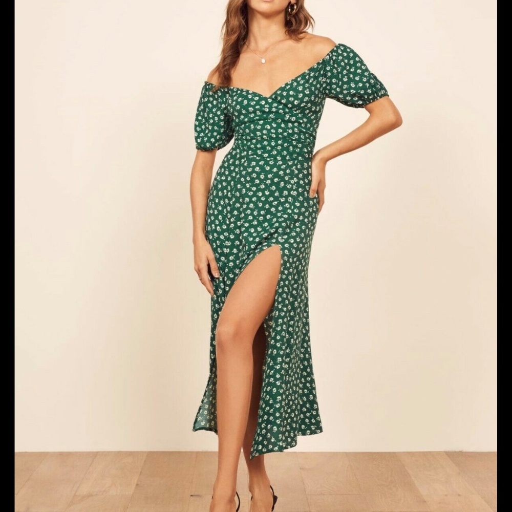 REFORMATION OFF SHOULDER PEARL DRESS CHIVE 4
